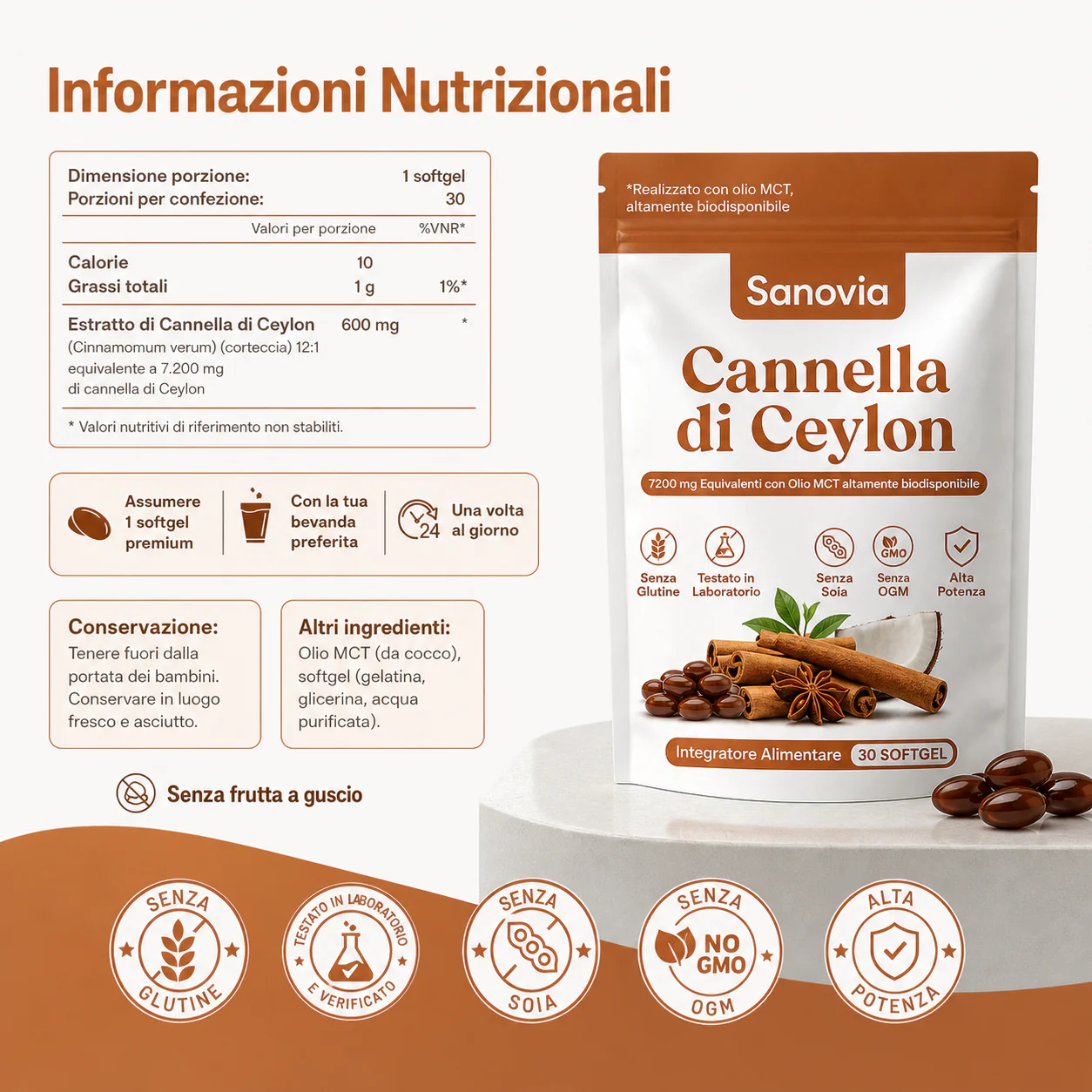 Cannella di Ceylon (equivalente a 7200 mg) con olio MCT