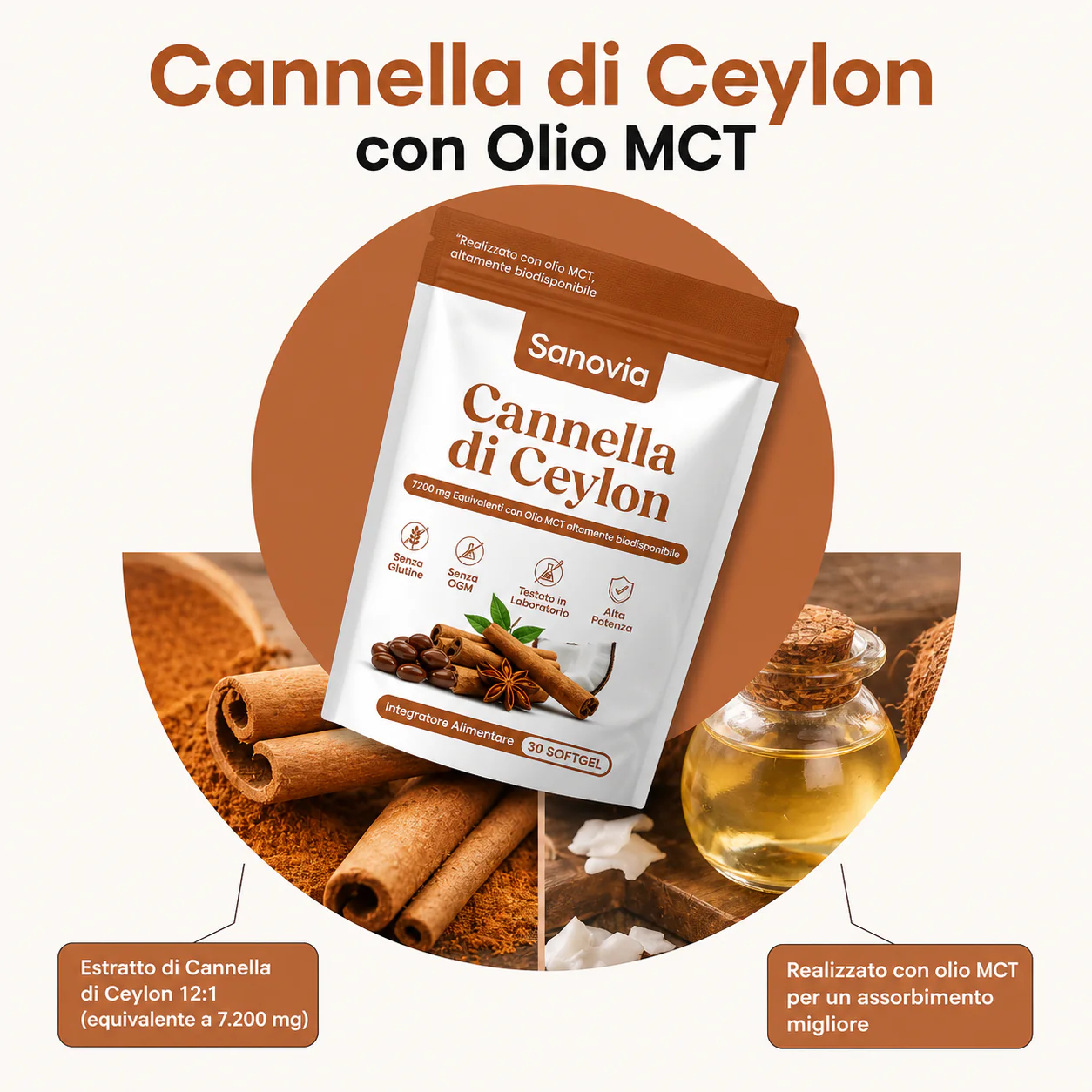 Cannella di Ceylon (equivalente a 7200 mg) con olio MCT